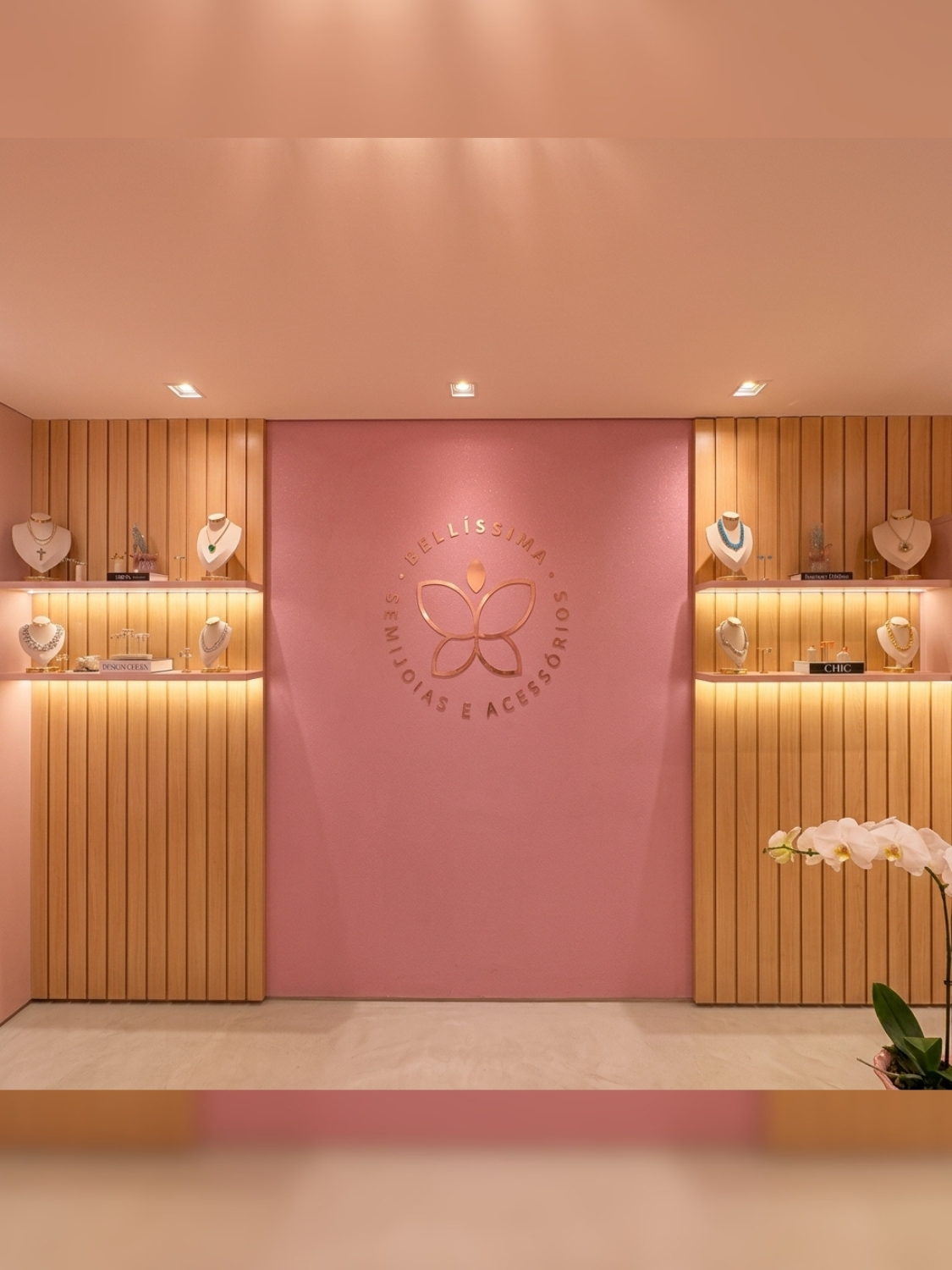 Salão da loja Bellíssima, com a borboleta da marca em dourado sobre a parede rosa